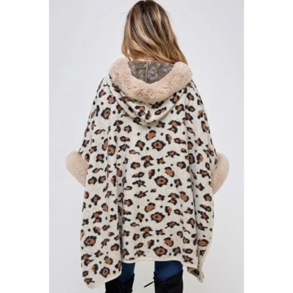 Taupe Faux Fur Trim Hooded Animal Leopard Print Soft Knit Poncho Coat - Picture 4 of 6